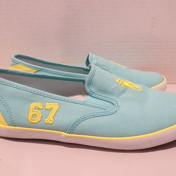 Polo Ralph Lauren Blue Yellow Pony Loafers Size 6.5 Casual Embroidered